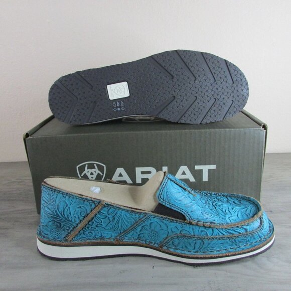 Ariat Women's Cruiser Boat Slip On Loafer Shoe Brushed Turquoise Floral Emboss - Picture 4 of 4